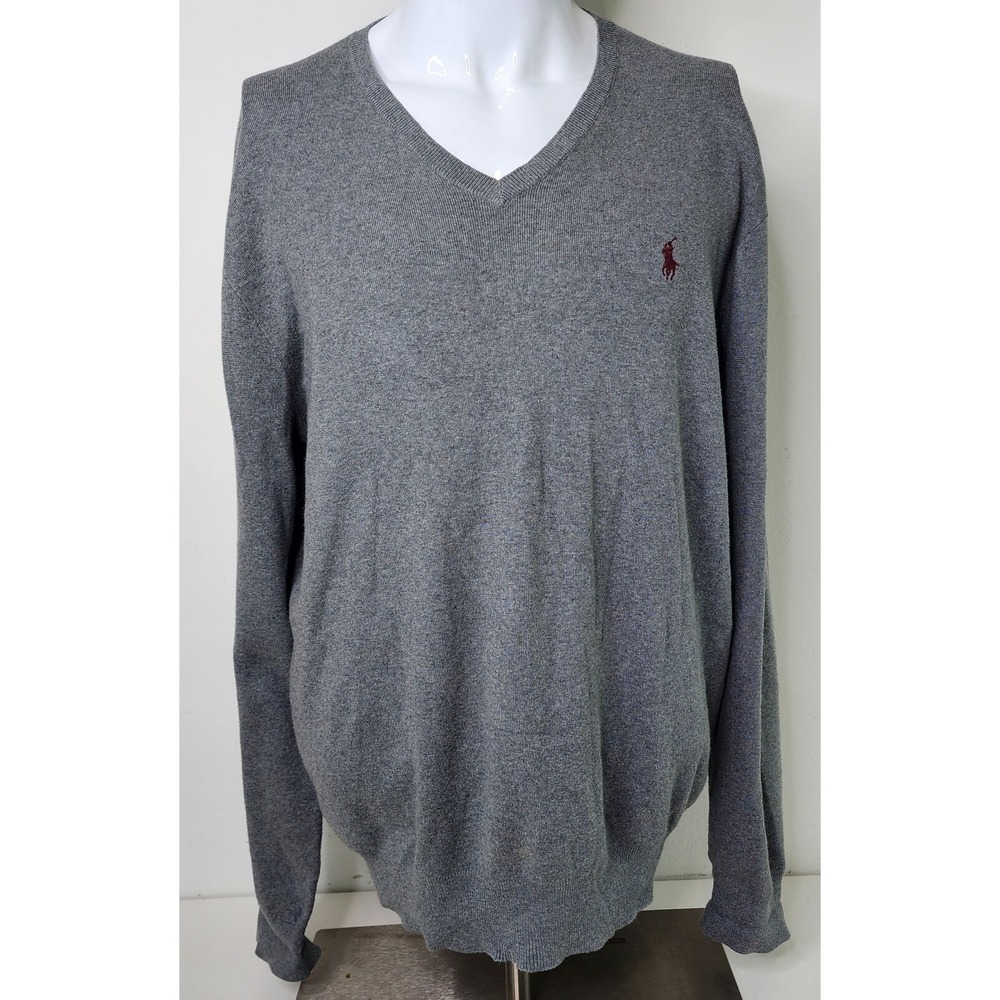 Polo Ralph Lauren Sweater Mens XL Gray V-Neck Pullover Pima‎ Cotton